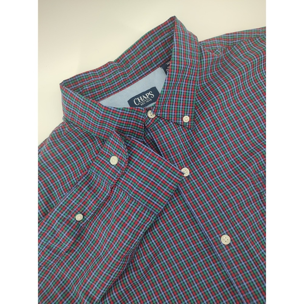 Chaps Button Down Shirt Mens XXL Multi Color Excellent Plaid Easy Care Stretch
